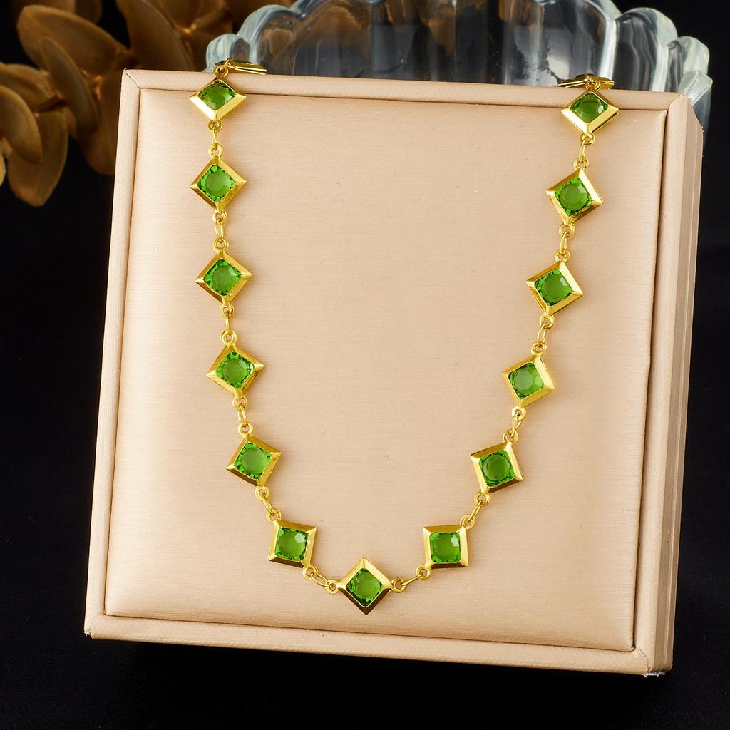 DIEYURO 316L Stainless Steel Colored Square Rhinestones Splicing Necklace Bracelet Set Lady Fashion Classic Waterproof Jewelry
