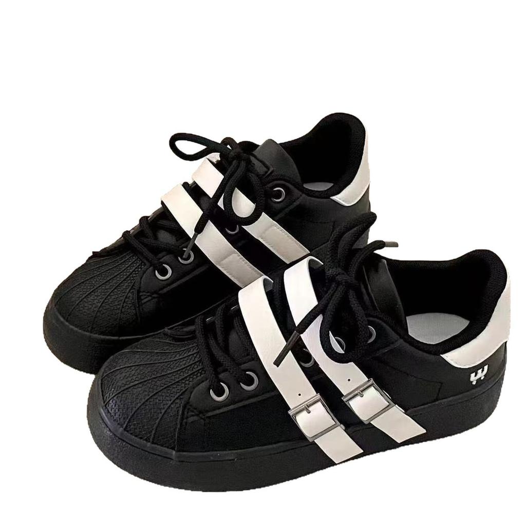 Spring New Belt Buckle Design Sense Versatile Retro Niche High Street Black Shell Dirty Board Shoes