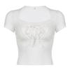 Casual White Knitted Lace Patched Female T-shirts Y2K Korean Style Slim Tie Up Shirring Summer Top Tee Folds Outfits