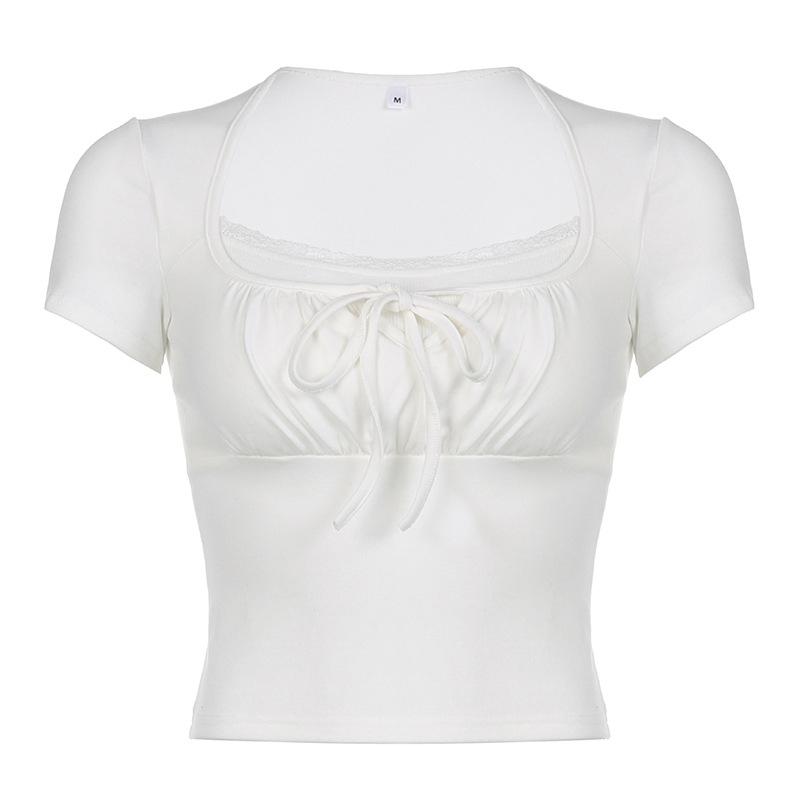 Casual White Knitted Lace Patched Female T-shirts Y2K Korean Style Slim Tie Up Shirring Summer Top Tee Folds Outfits