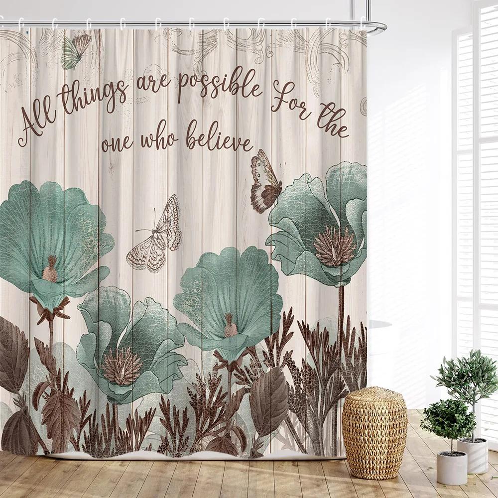 Floral Shower Curtain, Farm Daisy Dragonfly Rustic Wood Paneling Inspirational Quotes Butterfly Turquoise Home Bathroom Decor
