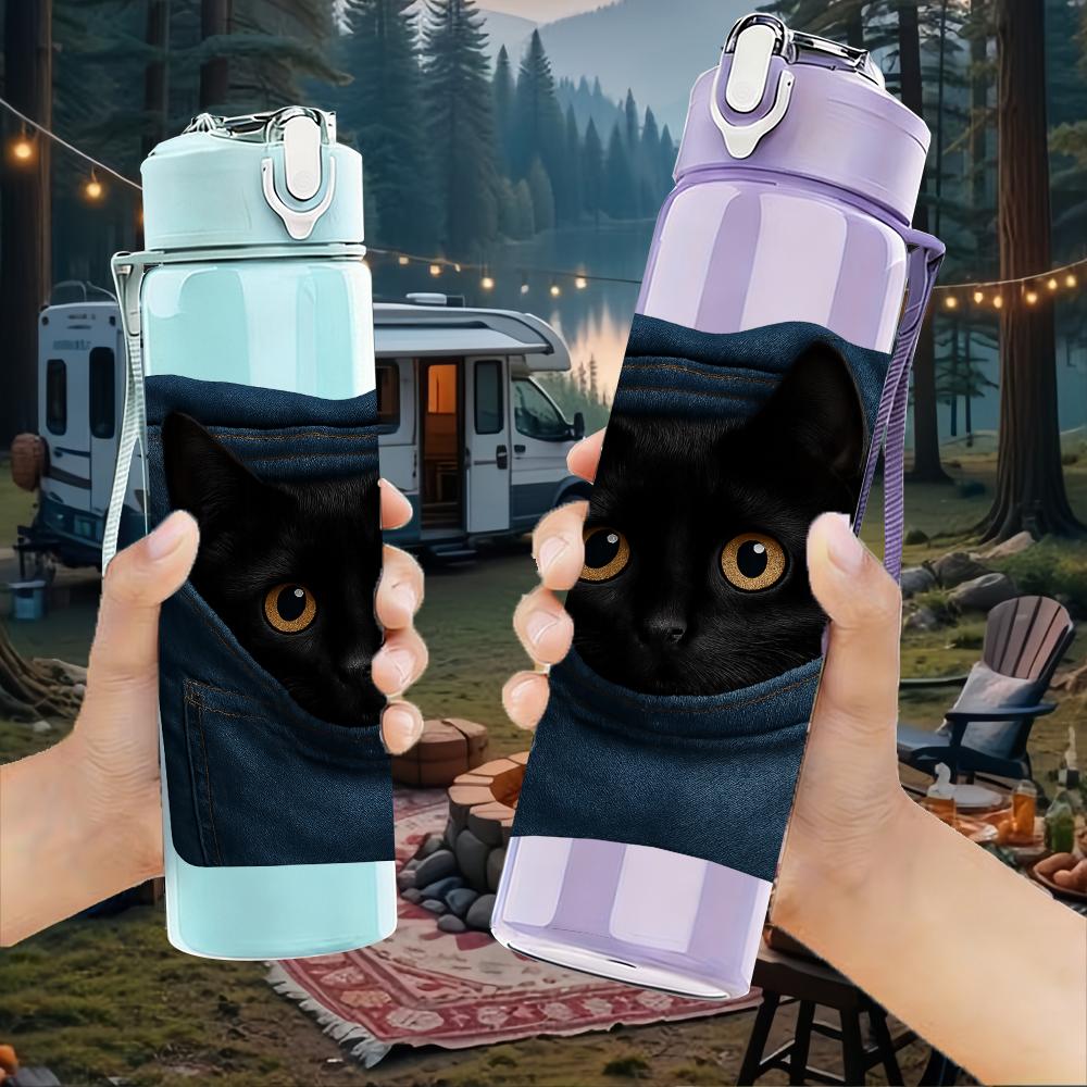 1PC Black Cat Jean Pocket Peeking 750ml Color Plastic Sports Water Bottle Leakproof Flip Straw Lid Suitable for Sports Office Home Use
