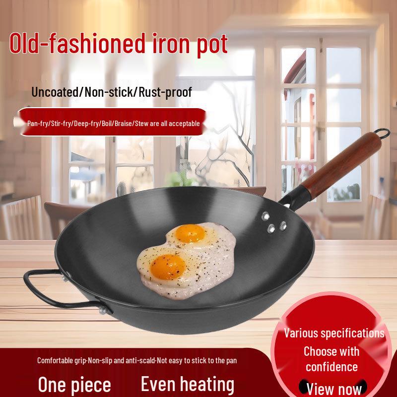 Чугунный вок с круглым дном Jiuhuang с антипригарным покрытием - Без покрытия, Защищен от ржавчины, Не требует приправ