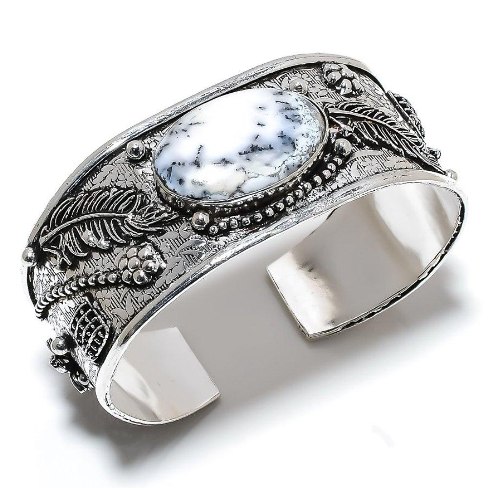 Дендритовый Опал Драгоценный камень Ручной работы 925 Стерлинговое серебро Манжета Браслет Регулируемый S9p01