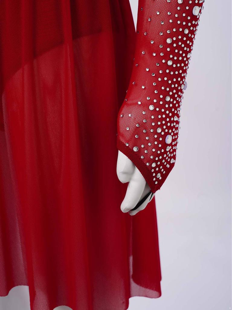 Костюм для современного танца для девочек, одно плечо, прозрачный сетчатый топ с длинными рукавами, стразами, нестандартная юбка