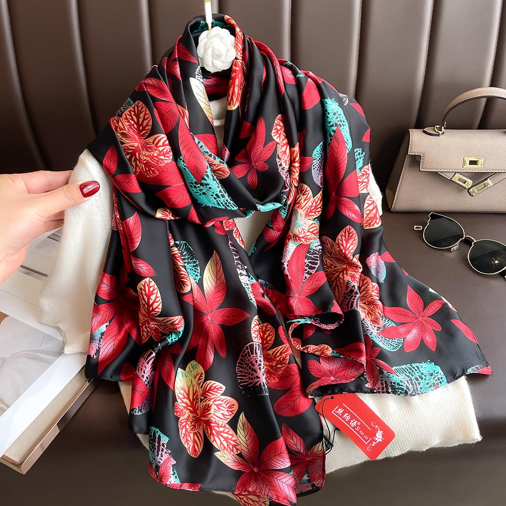 New Silk Scarf New Silk Satin Printed Shawl Holiday Fashion Sunscreen Long Section Simulation Silk Scarf