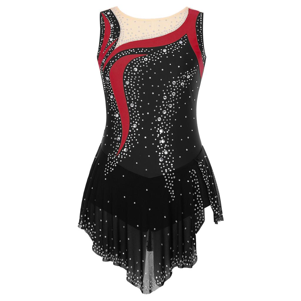 Женский купальник для художественной гимнастики с круглым вырезом, без рукавов, контрастной расцветки, пэчворк, стразы, юбка с высоким разрезом