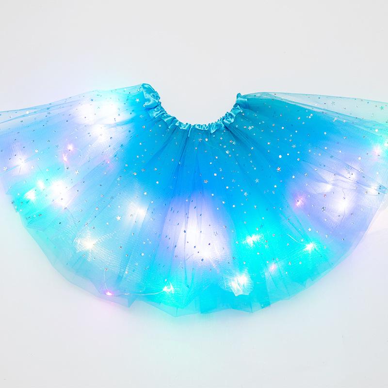 LED Fairy Lights Sequin Star & Moon Mesh Skirt for Kids - Glowing Performance Dancewear