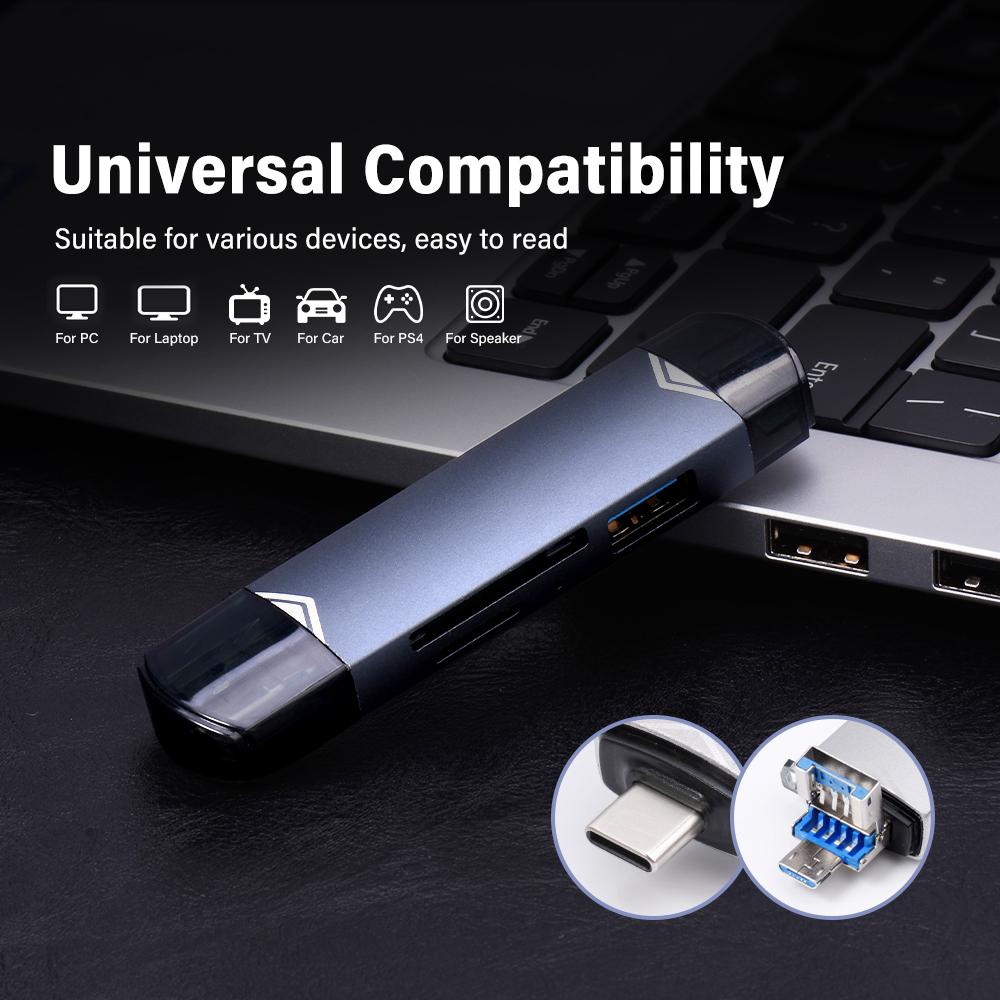 6 in 1 OTG Card Reader USB3.0 Type C USB Adapter Flash Drive Smart Memory Card Reader for Mobile and Notebook PC and More