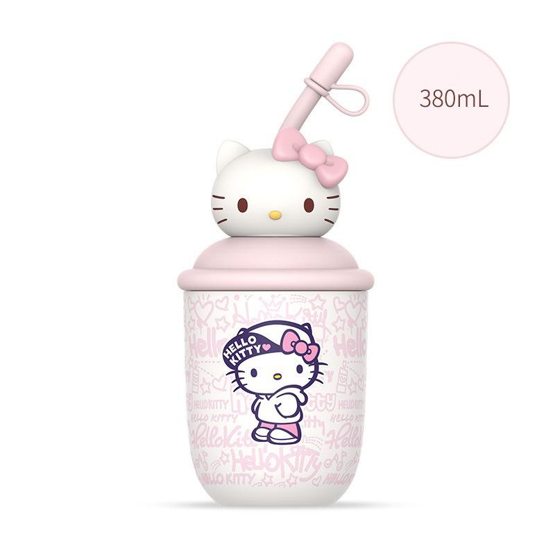 X&W 380 мл Термобутылка Hello Kitty из нержавеющей стали Мультяшные стаканы для напитков Портативный стакан для молочного чая с соломинкой и милой 3D-куклой на крышке