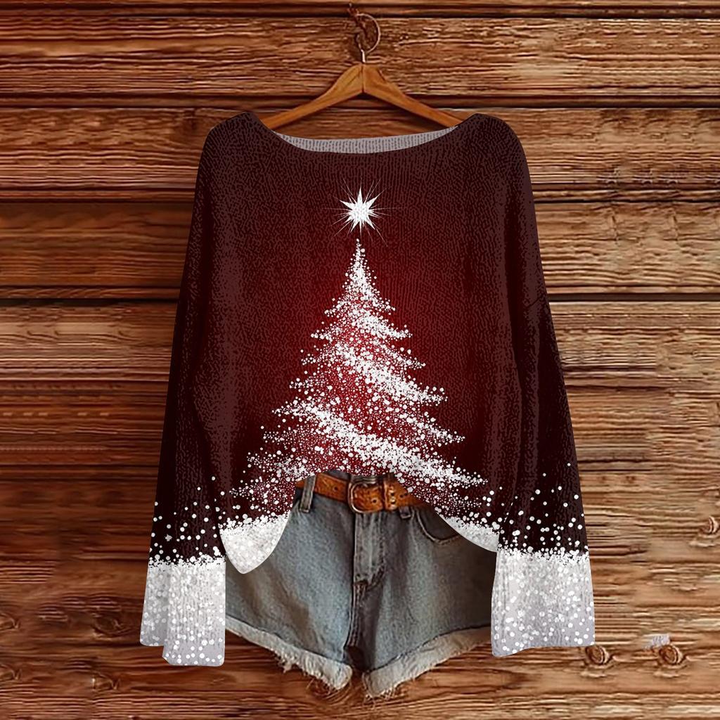 Женский модный пуловер с круглым вырезом и длинными рукавами с рождественским принтом, повседневный топ-свитер