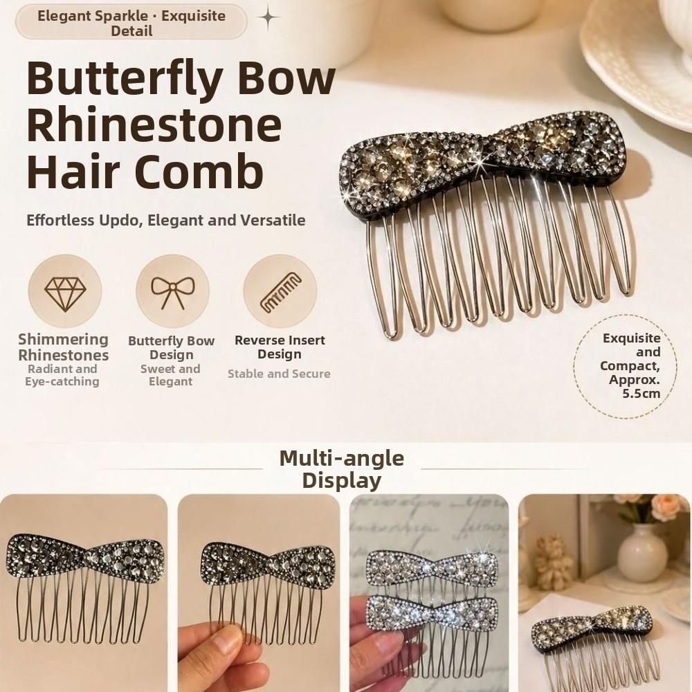 Silver Bow Hair Comb Bow Shape Back-of-head Bun Hairbrush Rhinestone Bow Hair Comb Updo Styling