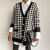 Women's Houndstooth Knit Cardigan - Loose V-neck Long Sleeve Mid-length Coat for Autumn/Winter 2025