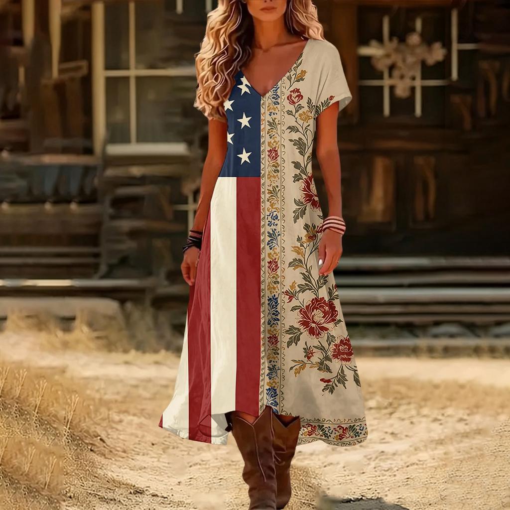 Women’s V Neck Short Sleeve Maxi Dress with 1776 America Print Gradient Hem and Floral Graphic Casual Loose Fit