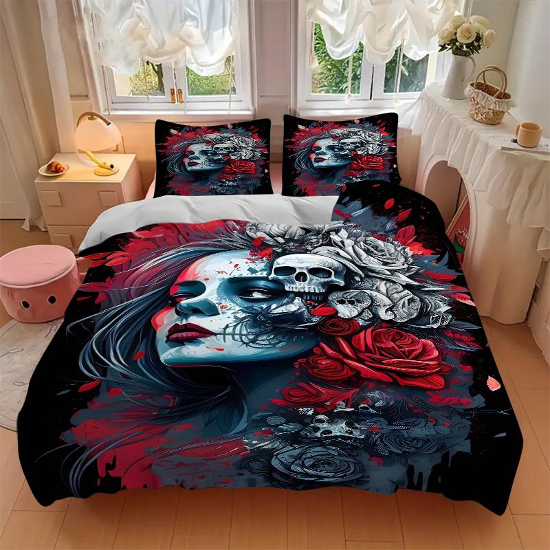 3pcs Day of the Dead Quilt Cover Set - Soft & Comfortable Polyester Fabric, All-Season Breathable Comforter Set For 1 Quilt Cover & 2 Pillowcases