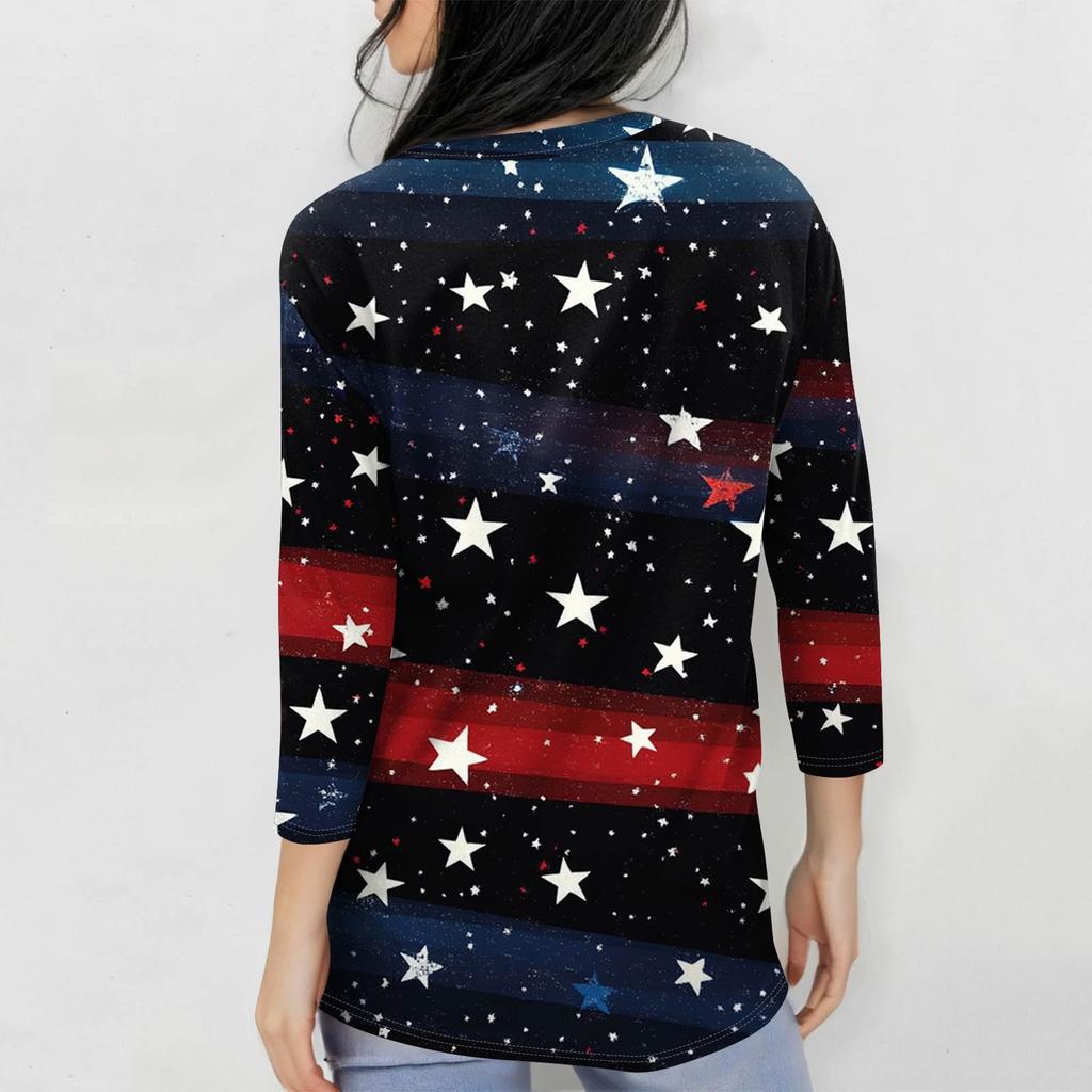 Women's Fashion Casual Seven Sleeve Independence Day Printed Round Neck Top