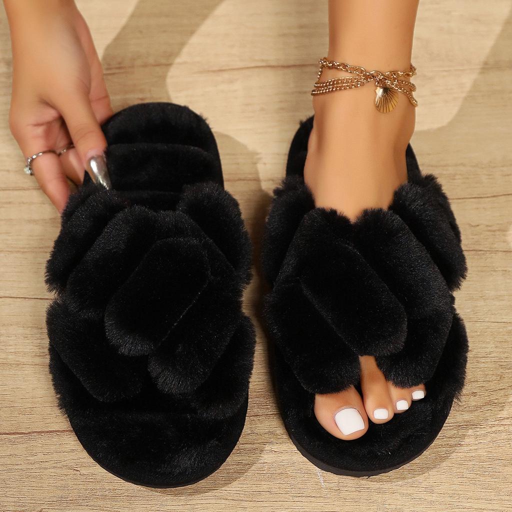 Home Fuzzy Cross Strap Slipper Women Winter Warm Fur Plush Indoor Lazy Female Thermal Furry House Shoe Flat Flip Flop Black