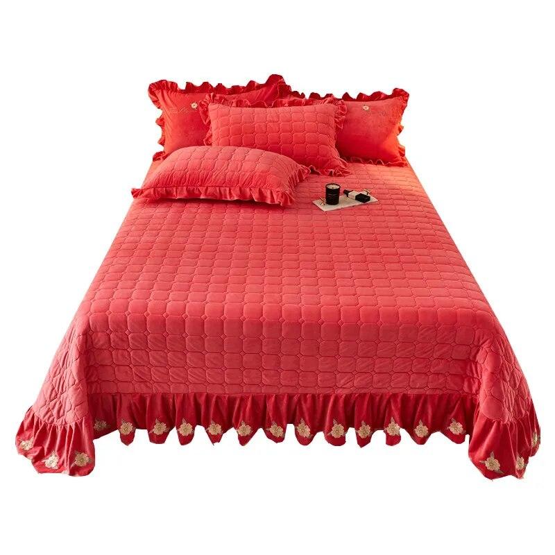 Плотное бархатное покрывало и наволочка, двойное покрывало Queen King, стеганая мягкая простыня, юбка с рюшами и вышивкой