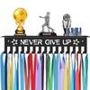 Metal Trophy Display Stand Athletic Award Organizer Never Give Up Theme Wall-Mounted Medal Display Rack Multi-Hook Home Decor