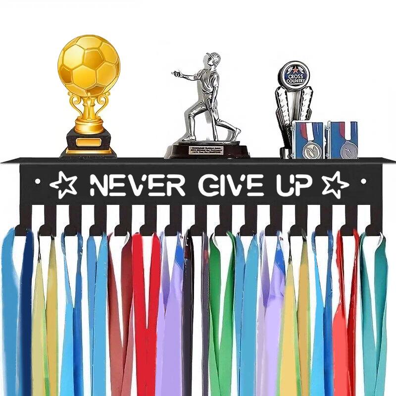 Metal Trophy Display Stand Athletic Award Organizer Never Give Up Theme Wall-Mounted Medal Display Rack Multi-Hook Home Decor