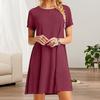 Summer Mini Dress Short Sleeves A-line Round Neck Solid Color Above Knee Length