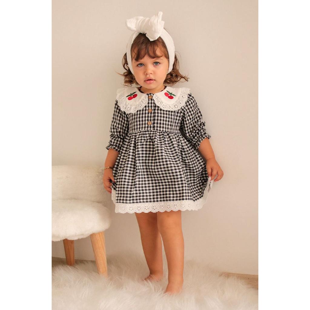 Baby Girl Red White Gingham Cherry Embroidered Ruffle Collar Dress