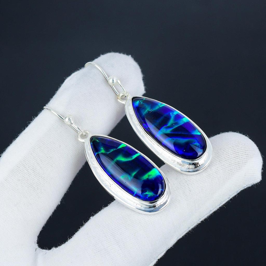 Серьги с темно-синим триплетом огненного опала, серьги из стерлингового серебра 925 пробы, серьги-подвески ручной работы в стиле бохо из серебра, подарок на День матери