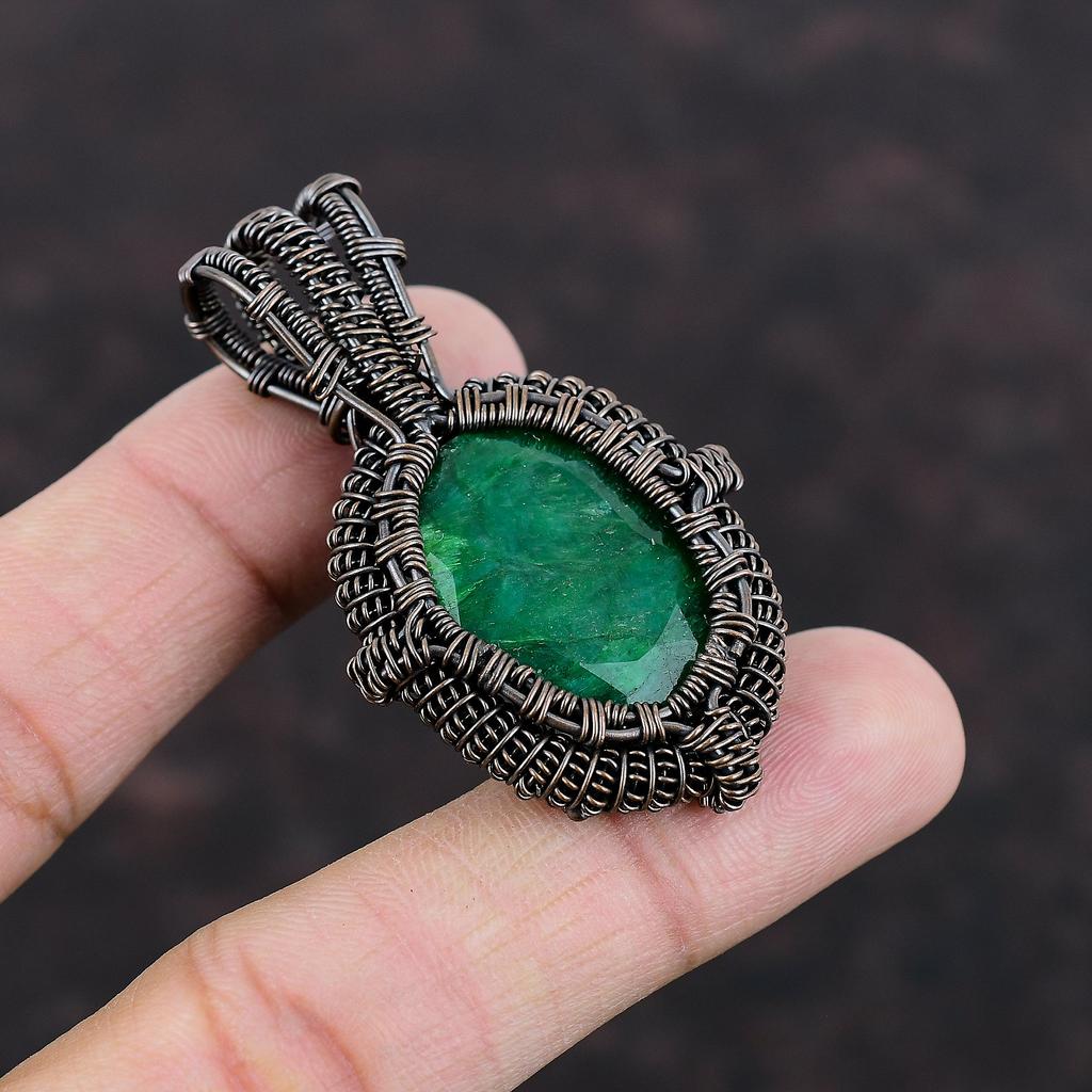 Faceted Zambian Emerald Pendant Copper Wire Wrapped Pendant Boho Pendant Handmade Wire Wrap Jewelry Gift For Mother Copper Gemstone Jewelry