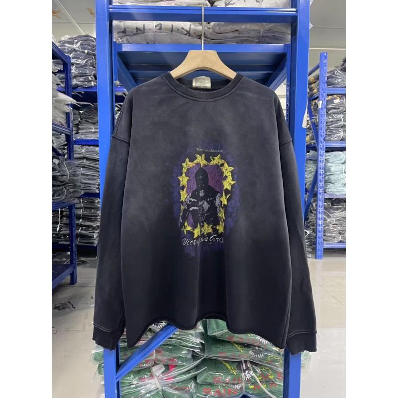 Vintage Washed Cotton Hoodie Mens Loose Fit Streetwear Graphic Print Round Neck Sweatshirt Fall