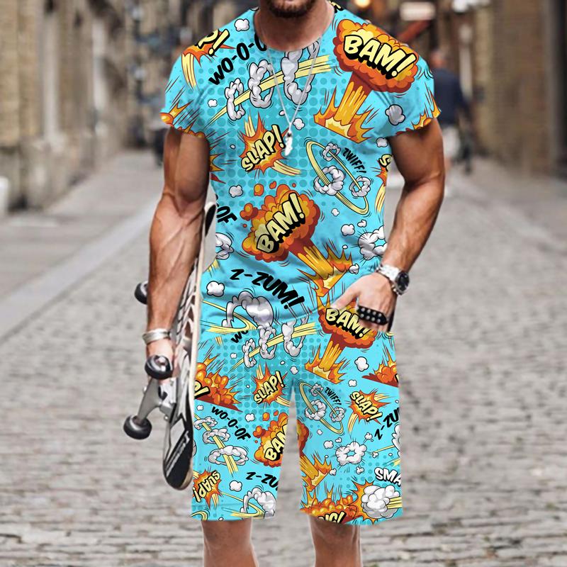 Летняя мужская футболка, комплект, забавная футболка с коротким рукавом в стиле хип-хоп, шорты, спортивный костюм из 2 предметов, красочный повседневный спортивный костюм, одежда унисекс