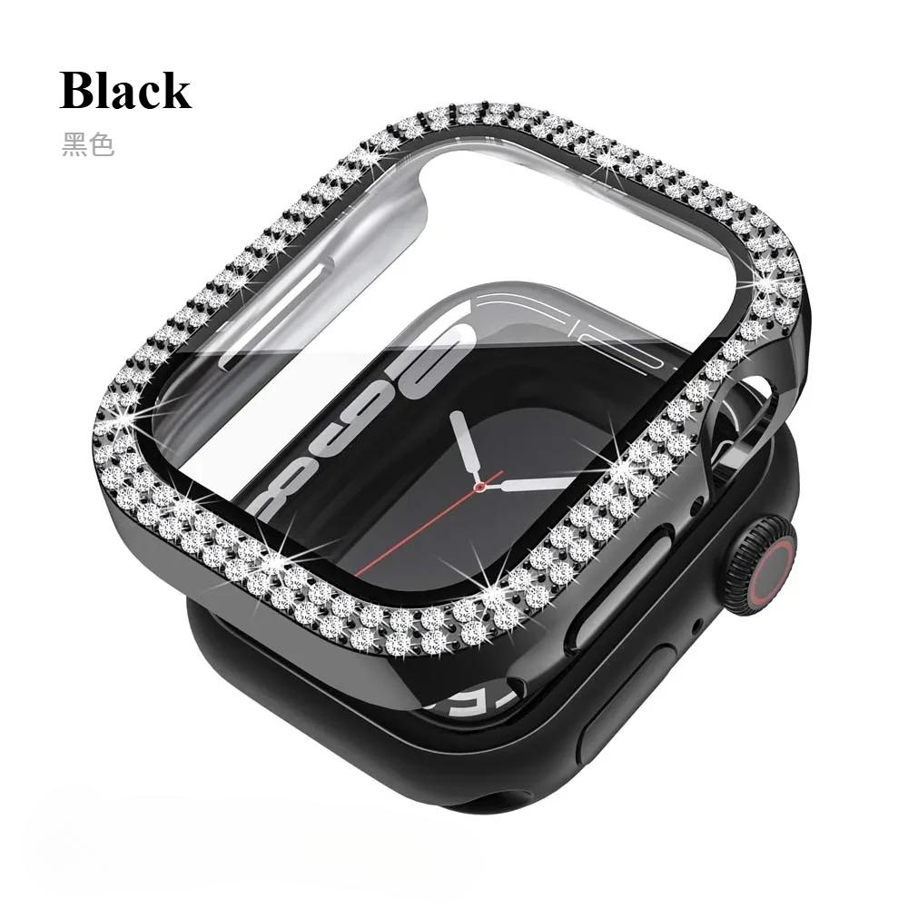 Блестящий чехол из стекла+крышка для Apple Watch Series10 46мм, 44мм, 45мм, 41мм, 40мм, 38мм, 42мм, женский бампер с бриллиантами+защитная пленка для экрана iwatch Series 7 9 8 5 6 SE