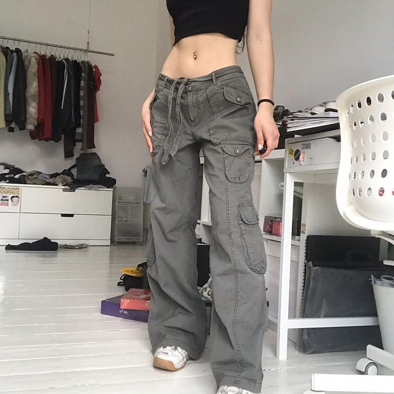 Womens Oversized Cargo Pants High Waist Loose Fit Streetwear Gray Black Brown Cotton Utility Trousers
