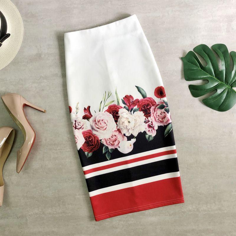 Летняя юбка на бедрах с цветочным принтом, женская утягивающая юбка с высокой талией и разрезом сзади, одноступенчатая юбка средней длины для пригородных офисов, юбка с цветами