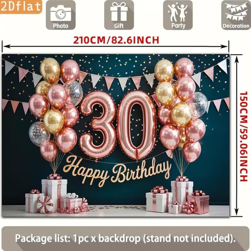 2D 30th Birthday Photography Backdrop Teal Background with Rose Gold Balloons and Gifts