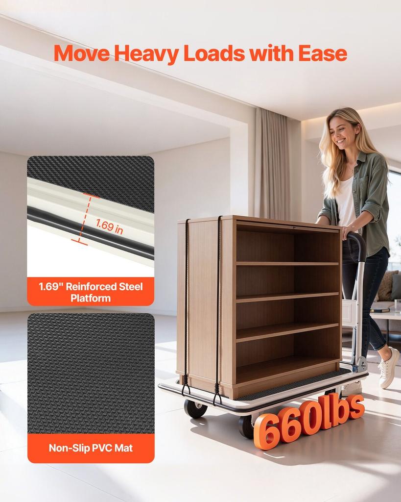 Foldable Push Cart Dolly, 299.37 kg Capacity, Folding Platform Truck with Swivel Wheels, Moving Platform Hand Truck Flatbed Cart, Space Saving Push