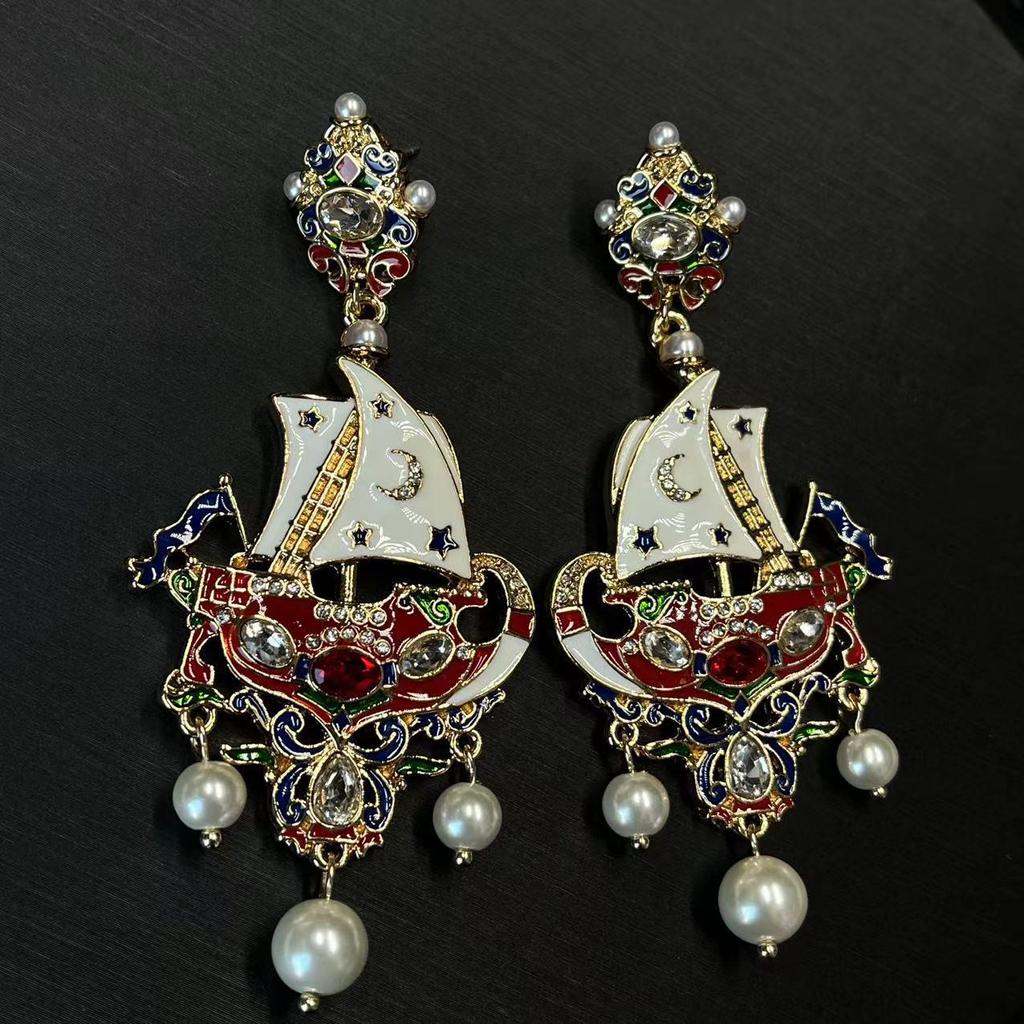 Средневековые европейские придворные серьги-подвески в виде парусника с драгоценными камнями – Винтажный роскошный дизайн