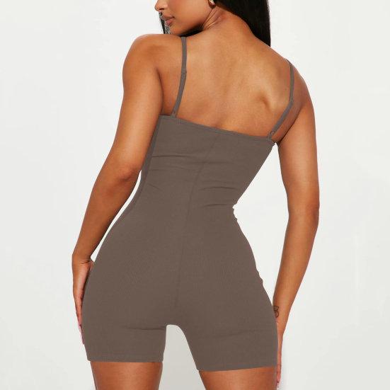 Женский комбинезон без рукавов с открытой спиной на тонких бретельках, облегающий эластичный быстросохнущий комбинезон длиной выше колена, однотонная женская одежда