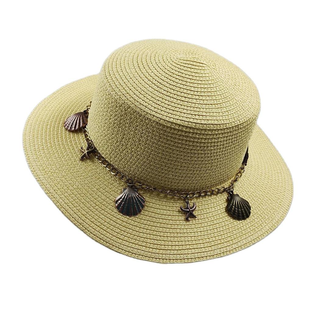 Flat Top Straw Hat Belt Accessories Leisure Summer Sunscreen Hat Women's Fashionable Beach Boater Hat Gifts 2023