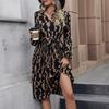 Autumn Winter Women Long Sleeve Print Elegant V-neck Casual A-Line Knee-Length High Waist Dress