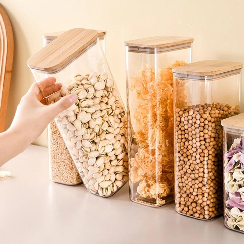 Прямоугольный стеклянный контейнер для хранения, 1 шт., легко захватывается для организации кухонной еды, такой как разные зерна, орехи и овсянка