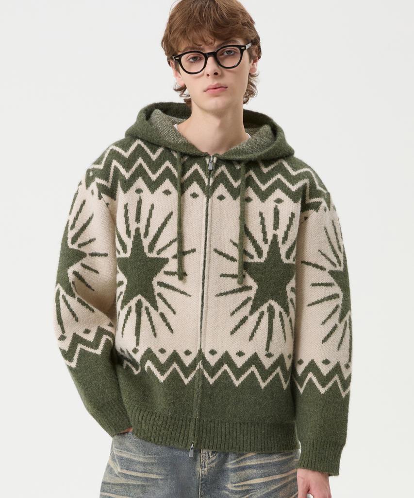 TRILLION Washable Wool Star Nordic Hooded Zip-Up Knit_Khaki