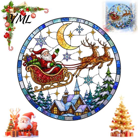Retro Art Window Decoration Christmas Santa Sleigh Suncatcher Cling, Stained Glass Style Static Home Decor Sticker, Rainbow Film Xmas for Shop