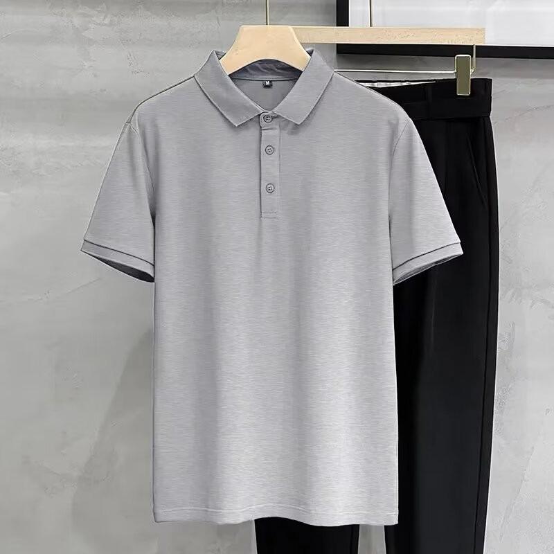 2025 Мужская модная однотонная рубашка-поло Slim Fit - короткий рукав, лацкан, универсальный повседневный верх