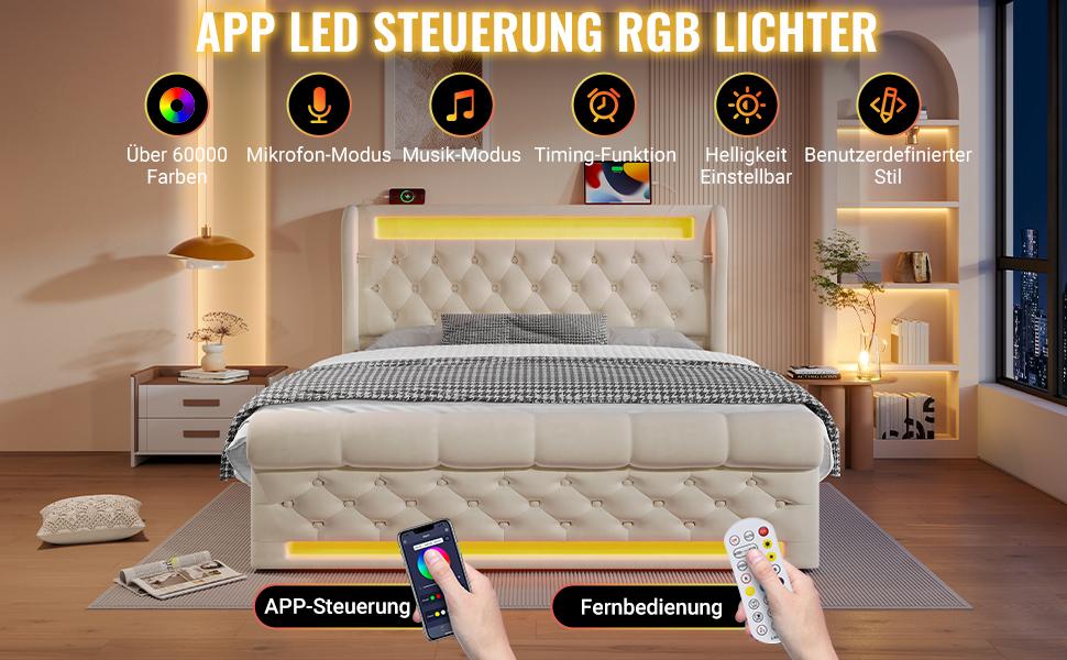 Upholstered Bed Double 140x200cm, with LED Lights, Storage Headboard with USB and Type-C Ports, Hydraulic Storage, Beige, Velvet (Without Mattress)