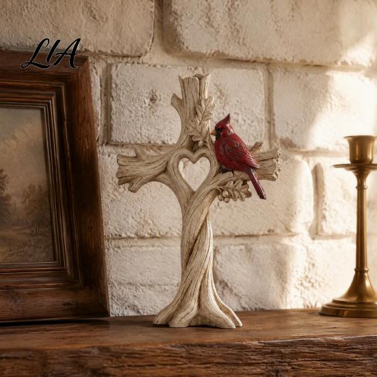 Whimsical Bird Statue for Garden Red Heart Tree Ornament, Memorial Resin Figurine, Rustic Unique Gift Carved Wood Look Spiritual Decoration Home Table
