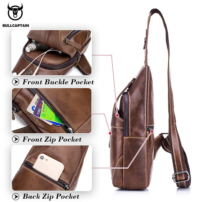 BULLCAPTAIN Leather Messenger Bags Men's Casual Bag for Men Chest Bag Brand Designer Multi-function Headphone Jack Chest Pack