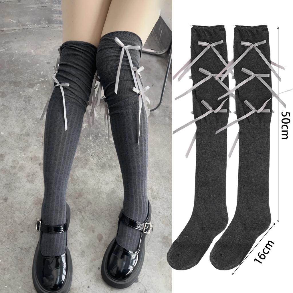 Lolita Long Socks Women Bandage Ribbon Bow Sweet Girls Kawaii Sexy Middle Tube Socks Ballet Style Solid Color Black White Socks