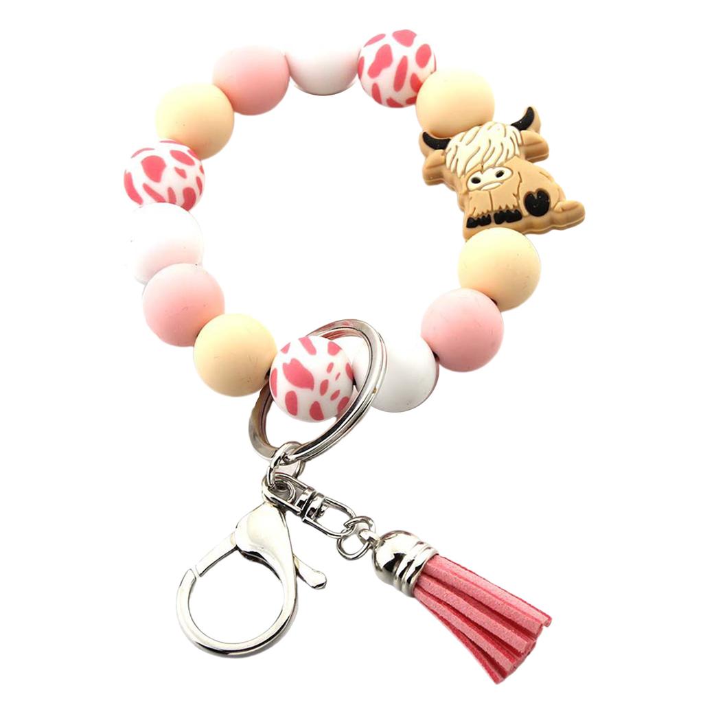 Highland Cow Silicone Tassels Keyring Durable Silicone Beaded Wrist Lanyard with Highland Cow Accent Keychain Pendant