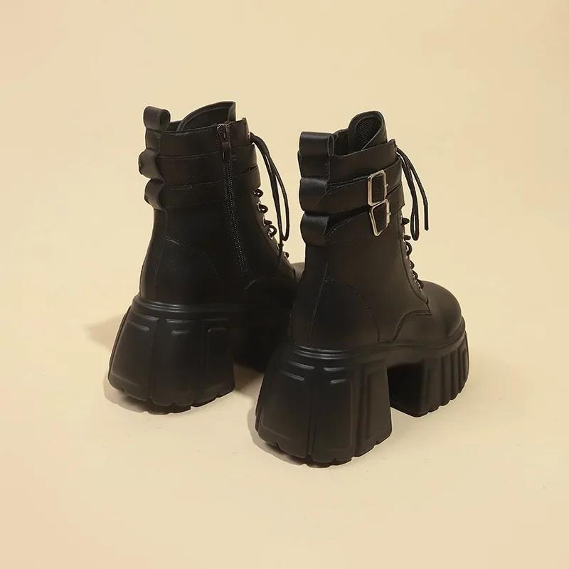 Модные весенние черные кожаные ботильоны женские осенние туфли на высокой платформе женские каблуки массивные мотоботы ботильоны Mujer