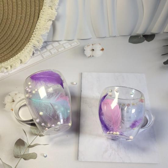 Двойная стеклянная кофейная кружка 250/350 мл с рисунком в виде перьев, с ручкой, с изоляцией, устойчивой к ожогам, с удобным захватом и контролем температуры